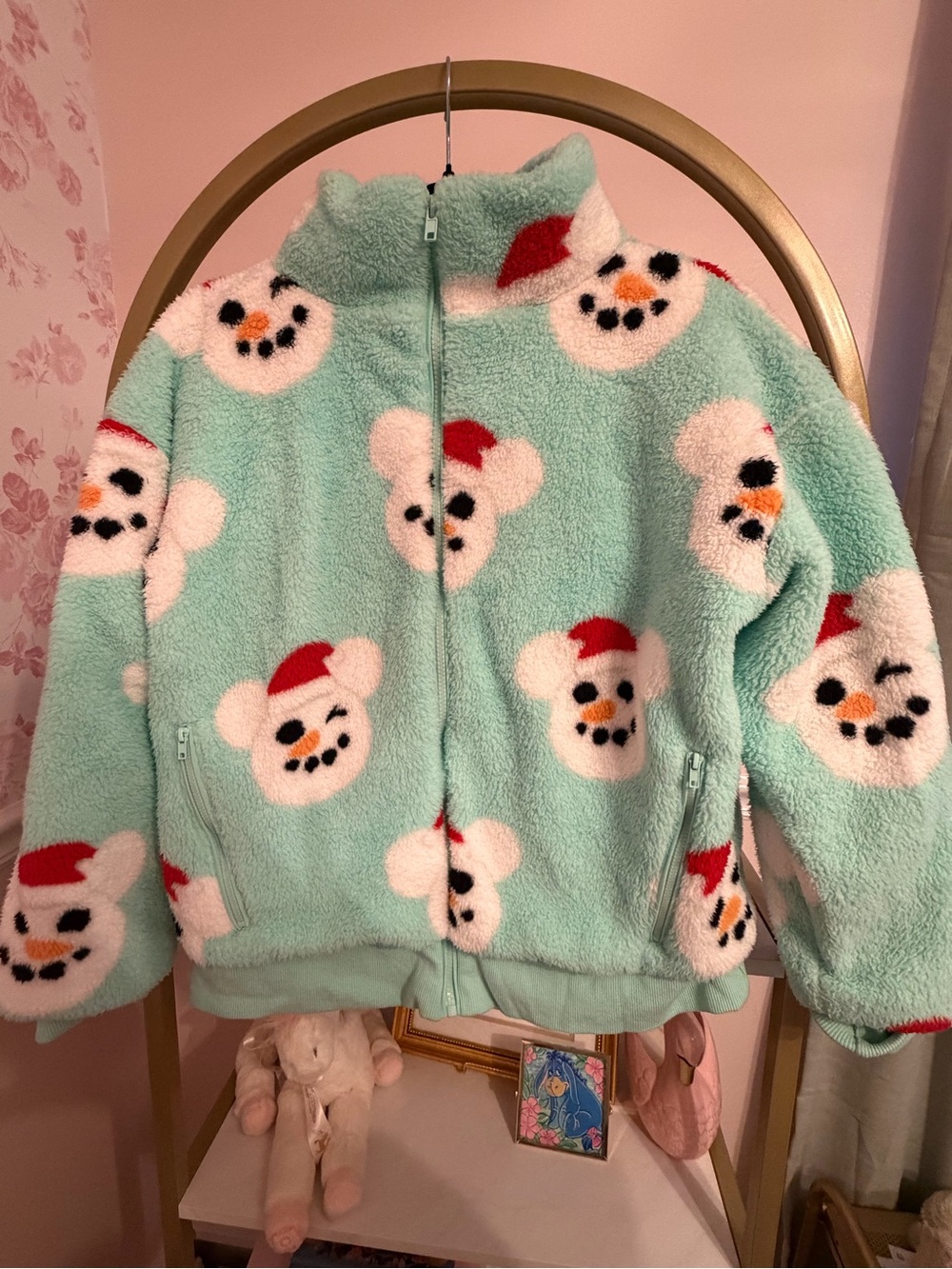 Disney Mint Green Fleece Jacket with White & Red Snowman Faces